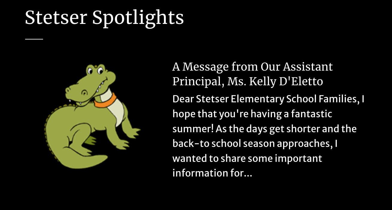 Black background with Stetser logo. Text reads: Welcome Message from Assistant Principal D'Eletto